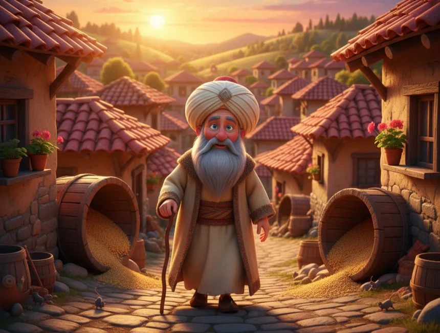 Akşam vakti Akşehir sokaklarında yürüyen Nasreddin Hoca ve çevredeki fareler
