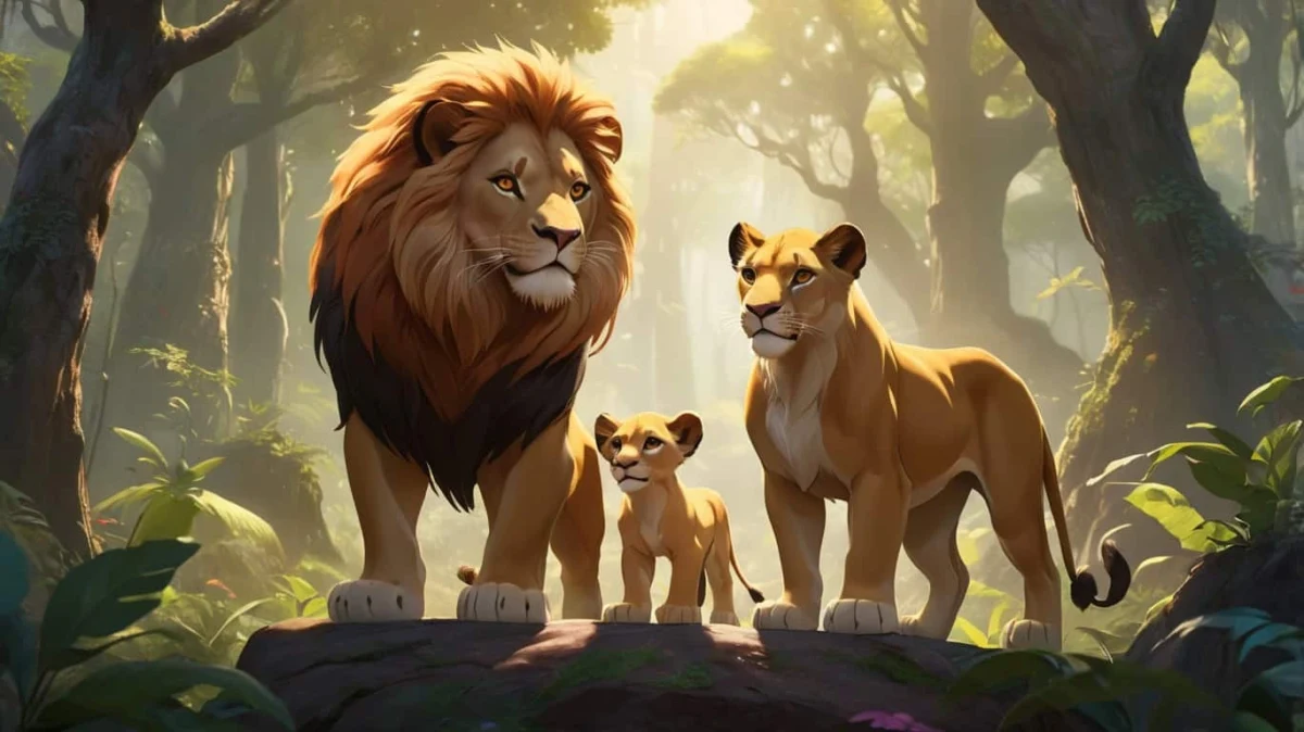 Ormanda yetişkin bir aslan, bir dişi aslan ve küçük yavruları birlikte duruyor.
