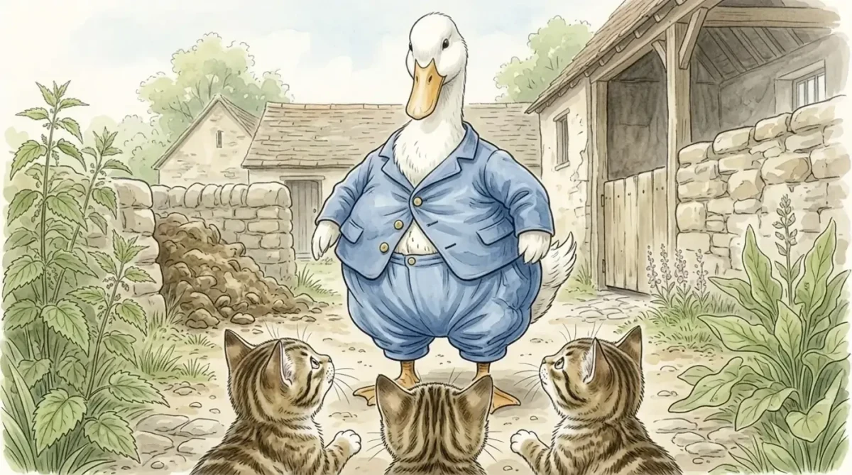 Bay Drake Puddle-Duck, Tom Kitten’ın mavi takımını giymiş halde üç yavru kedinin karşısında duruyor.