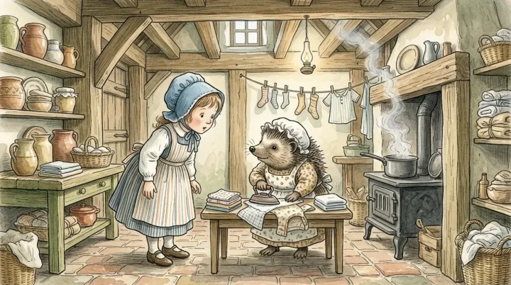 Lucie, tepenin içindeki ahşap kirişli mutfakta ütü yapan kirpi Bayan Tiggy-Winkle’ın yanında duruyor.