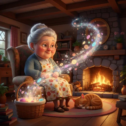 Gülücük nine, şöminenin yanındaki odada dikiş sepetinin başında oturuyor; renkli ışıklar sepetin çevresinde parlıyor.