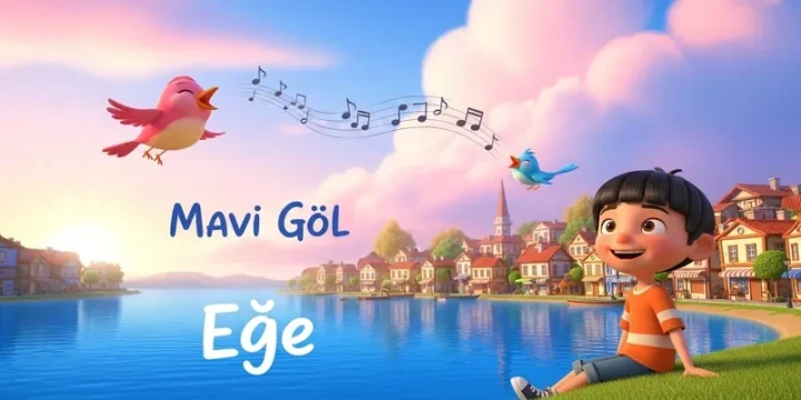 Mavi Göl kıyısında oturan Ege, gölün üzerinde uçan kuşlar ve pembe bulutlar