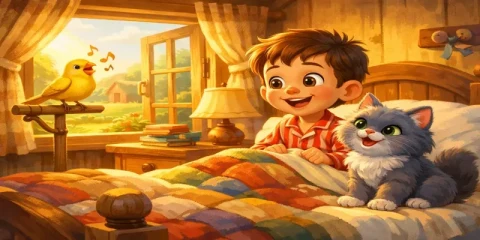 Yatağında gülümseyen bir çocuk, yanında gri bir kedi ve pencere kenarında sarı bir kuş