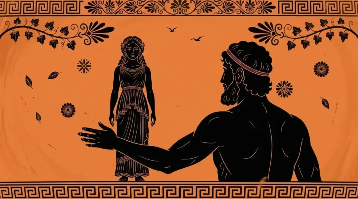 Epimetheus, karşısında duran Pandora’ya elini uzatıyor.