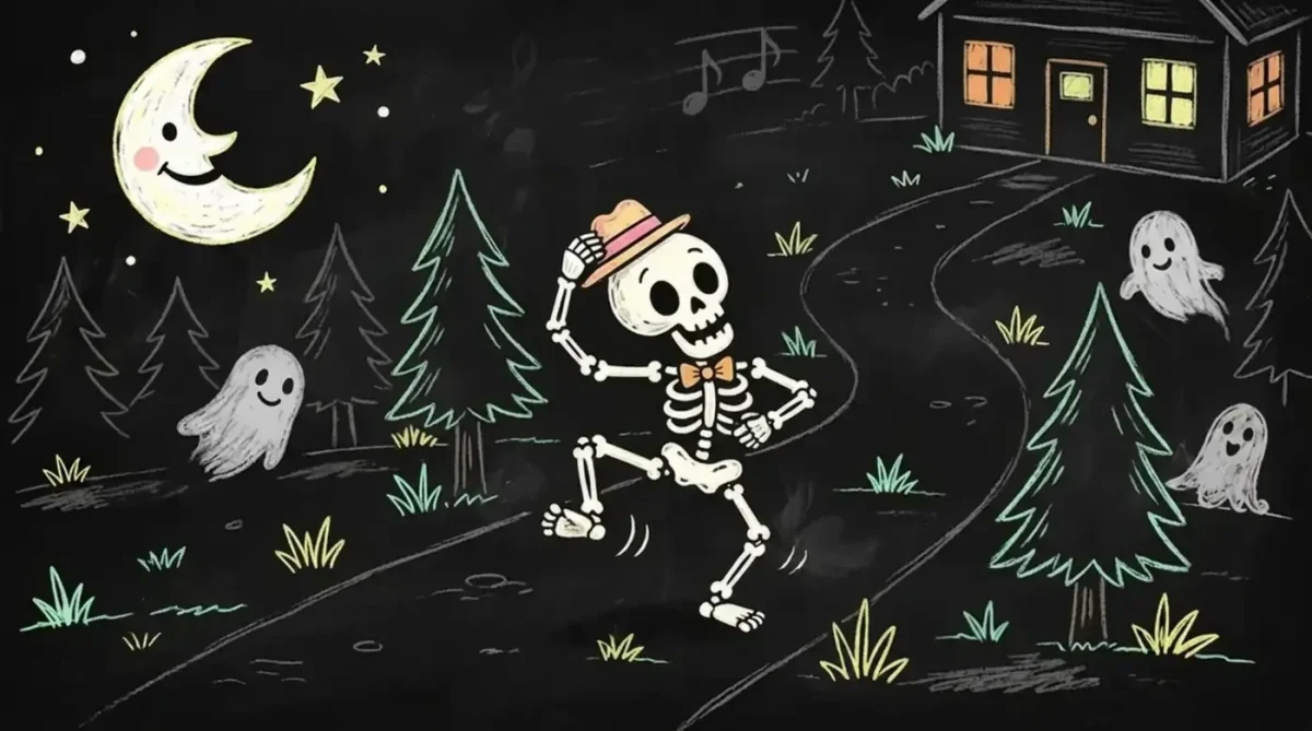 Şapkalı iskelet, ay ışığında müzik dersinin yapılacağı eve giden patikada yürüyor.