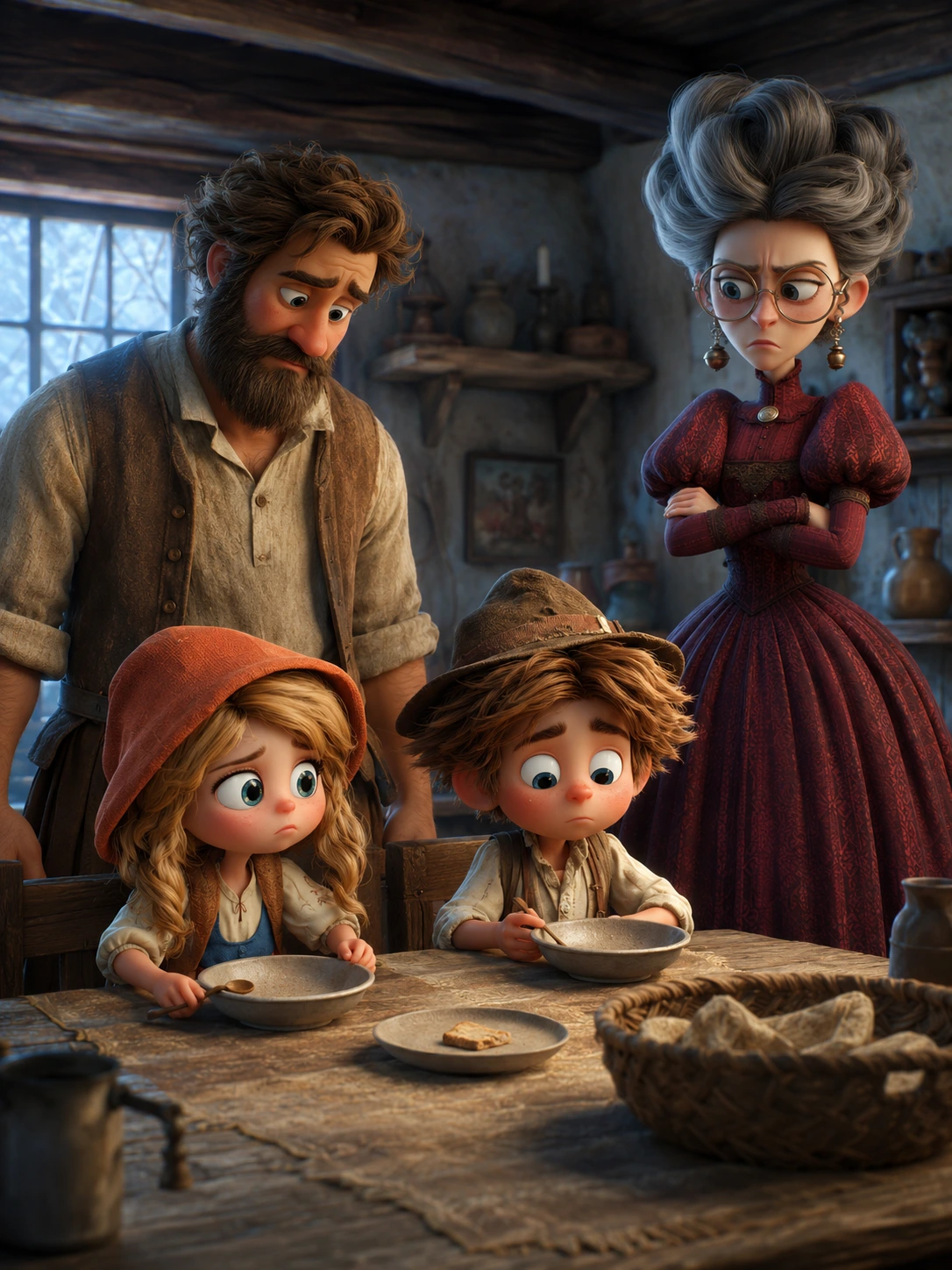 Oduncu, Hansel ve Gretel sade bir sofrada otururken üvey anneleri arkalarında duruyor.