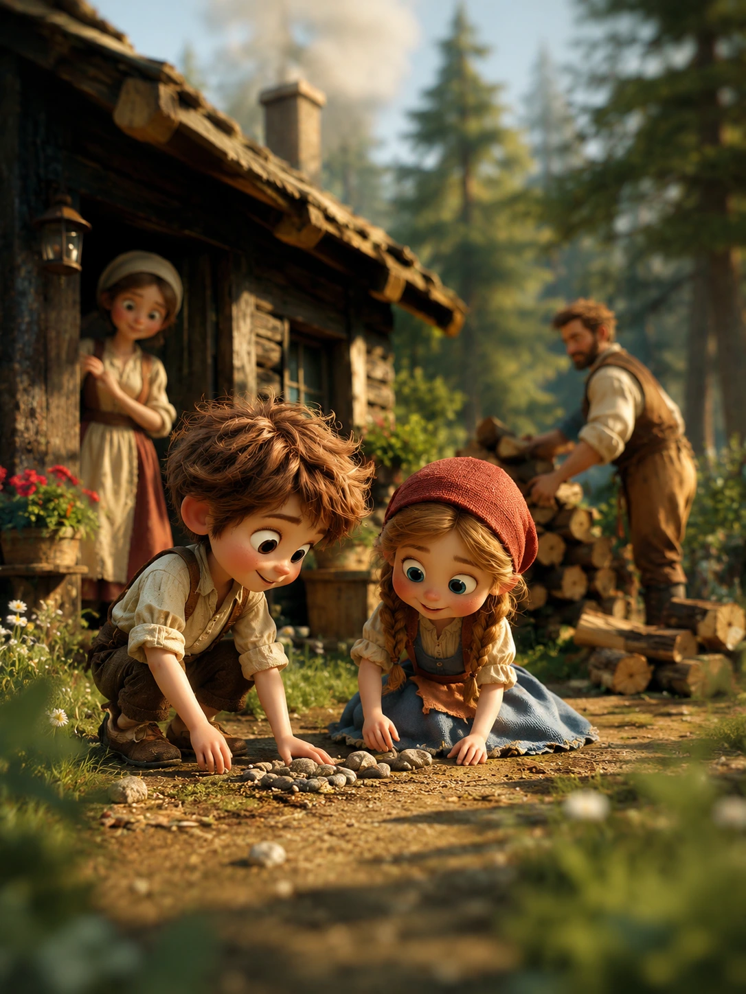 Hansel ile Gretel, orman kenarındaki evlerinin önünde çakıl taşlarıyla oynuyor.