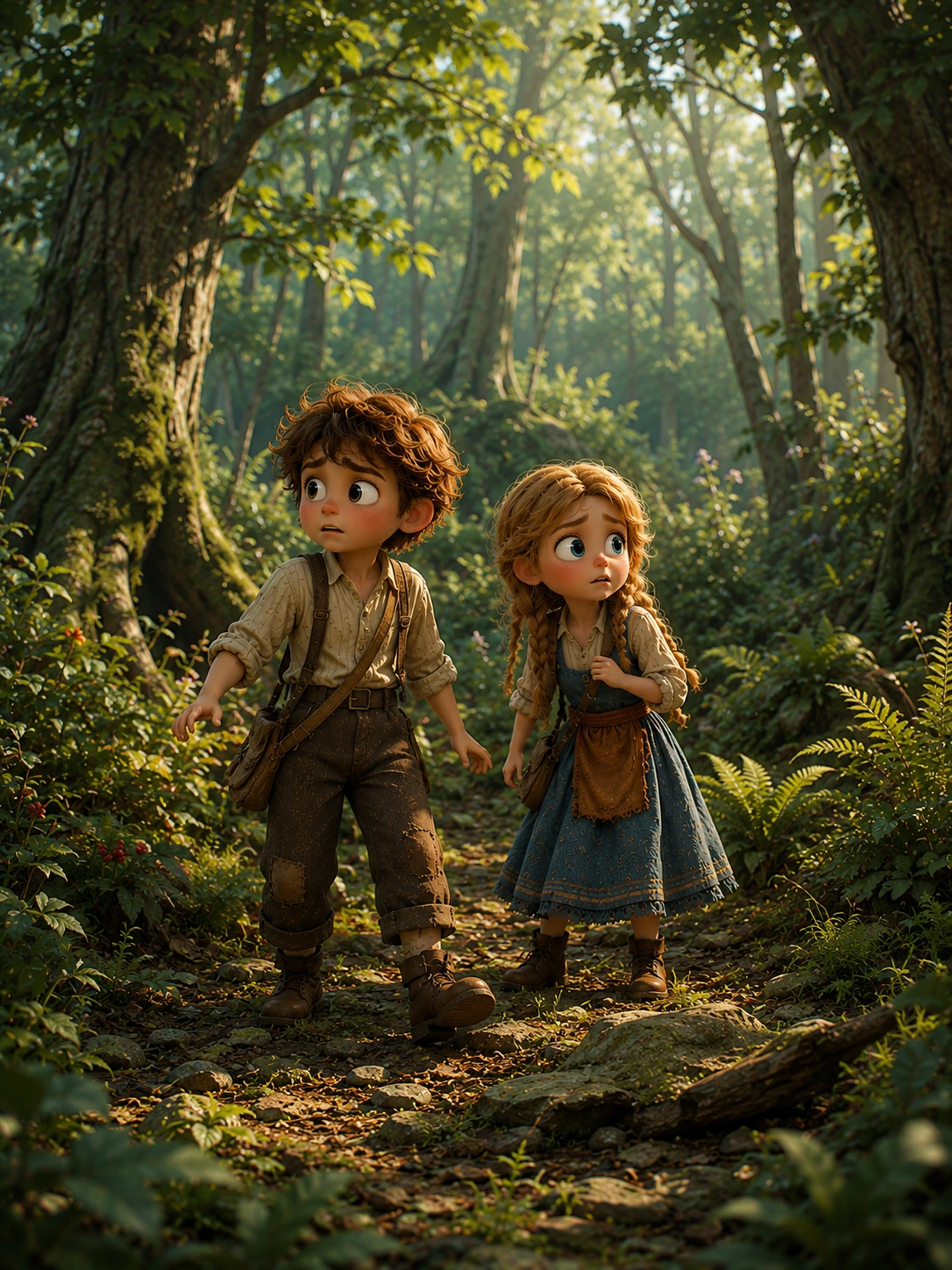 Hansel ile Gretel sık ağaçların arasında orman yolunu arıyor.