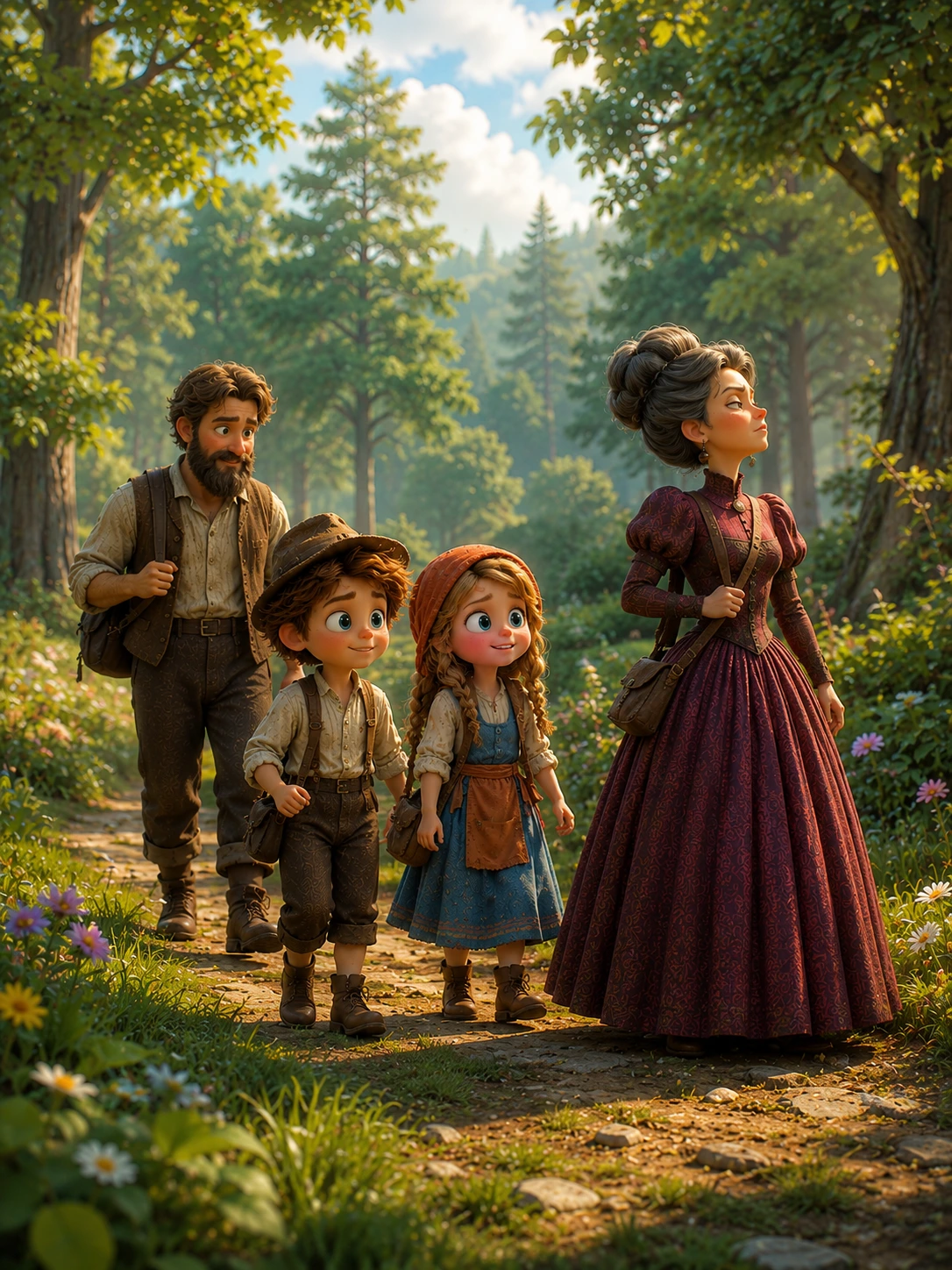 Hansel, Gretel, babaları ve üvey anneleri ormanda birlikte yürüyor.