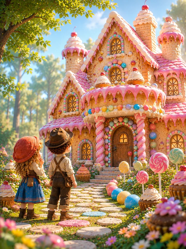 Hansel ile Gretel renkli şekerlerden yapılmış bir evin önünde duruyor.