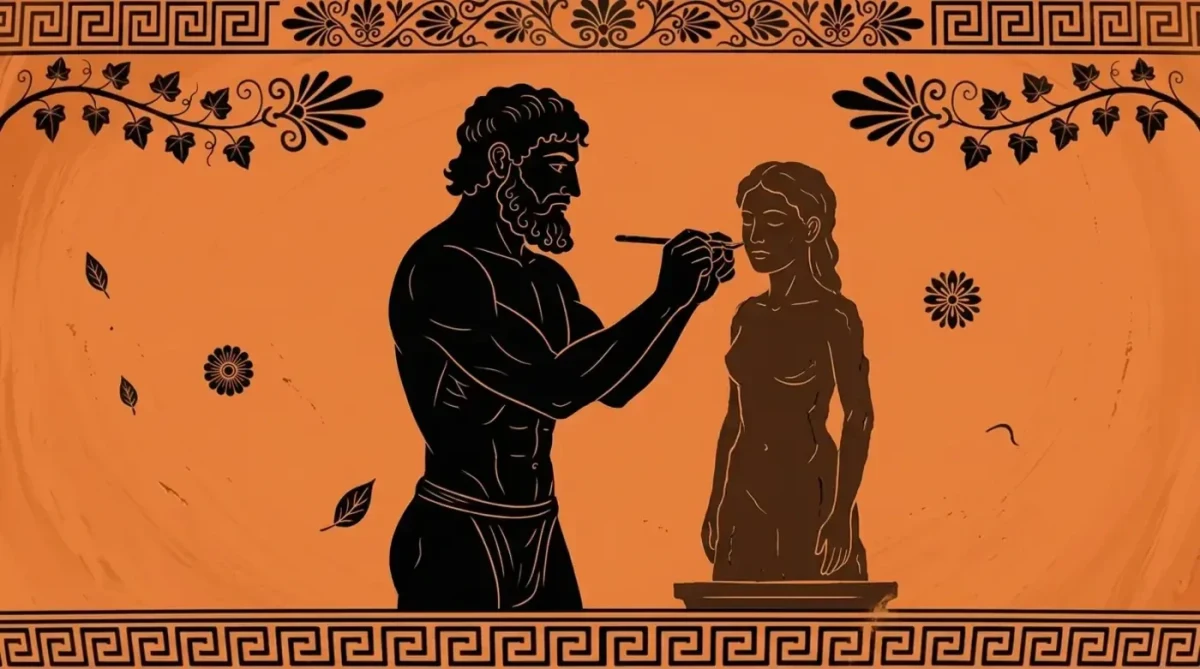 Hephaistos, kaide üzerindeki Pandora figürünün yüzünü şekillendiriyor.