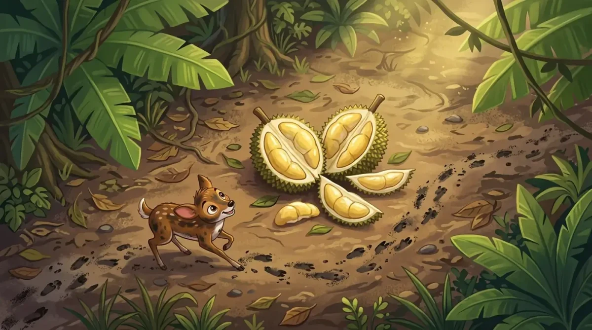 Kancil, yerde kesilmiş durian meyvelerinin yanında yürüyor.
