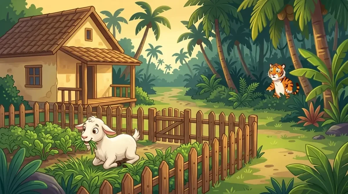 Keçi çitle çevrili ev bahçesinde otluyor; Kaplan bahçenin dışında, uzakta görülüyor.