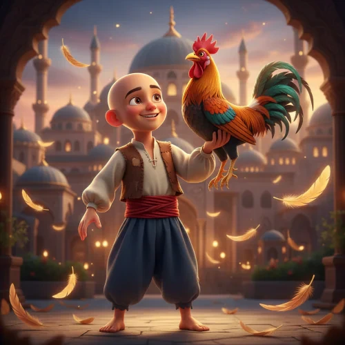 Keloğlan sarayın önünde altın renkli horozunu kolunda taşıyor