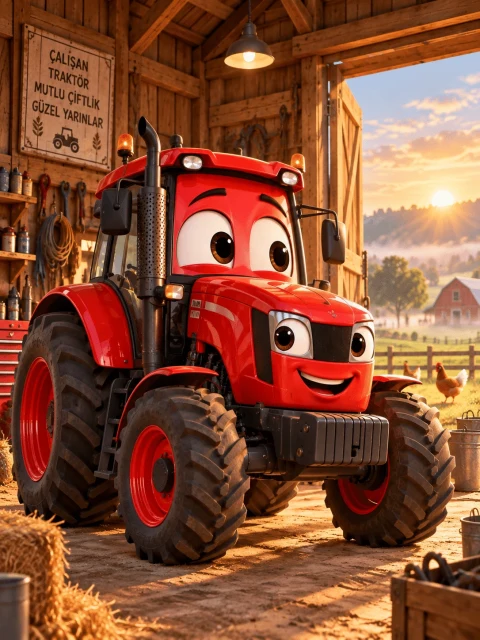 Kırmızı Traktör, sabah güneşinin aydınlattığı ahşap çiftlik garajında duruyor.