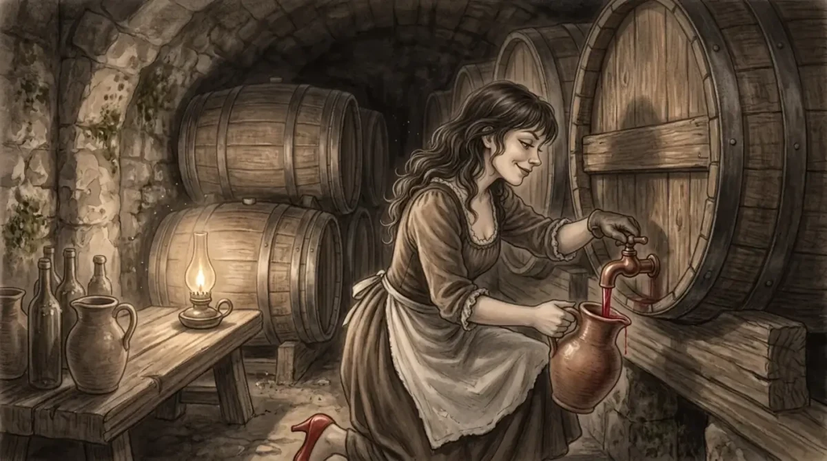 Gretel, mahzende ahşap fıçıdan bir sürahiye şarap dolduruyor.