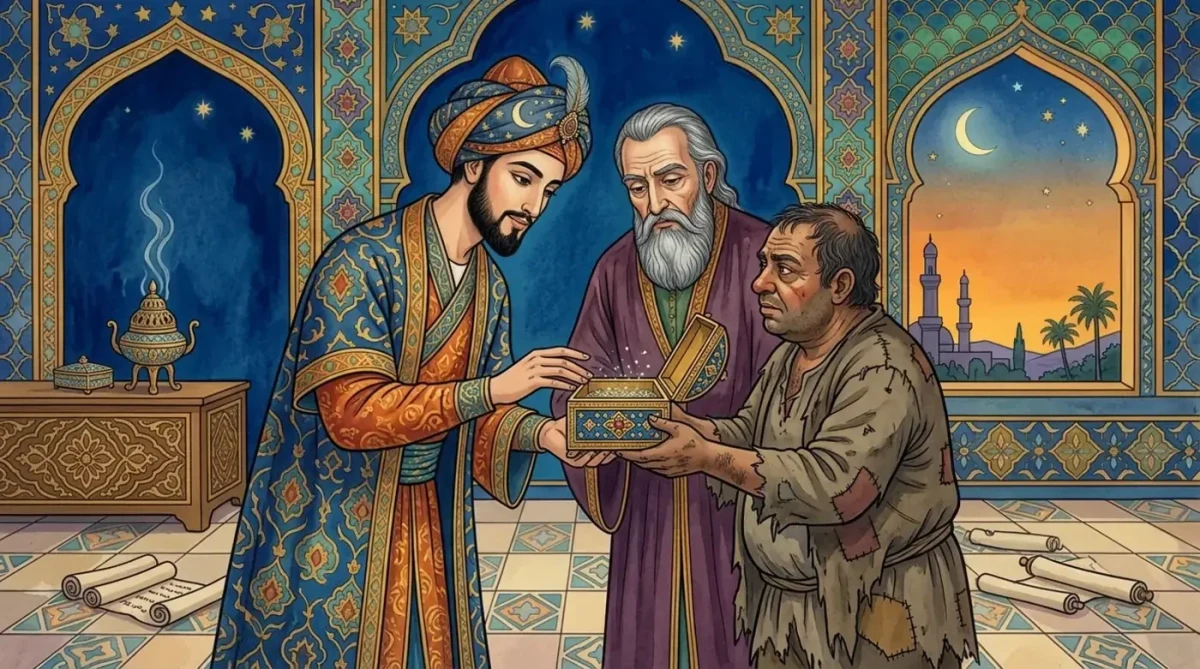 Halife Chasid, Büyük Vezir Mansor ve çerçi, sihirli toz kutusunu inceliyor.