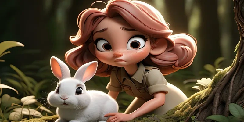 Lily ormanda beyaz bir tavşanın yanında