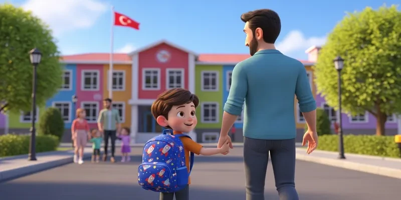Mete sırt çantasıyla babasının elini tutup okul bahçesine yürüyor