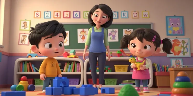 Mete ve Elif sınıfta oyuncaklarla oynarken öğretmenleri yanlarında duruyor