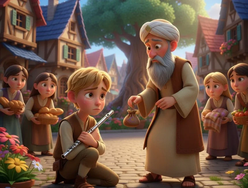 Nasreddin Hoca, üzgün kavalcı çocuğa bir kese uzatıyor
