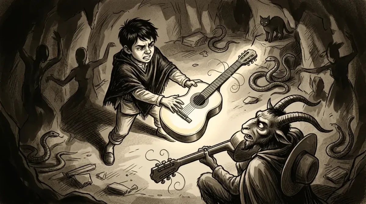 Nicanor, Salamanca mağarasında parlak gitarı geri verirken karşısındaki şapkalı figür elindeki gitarı tutuyor.