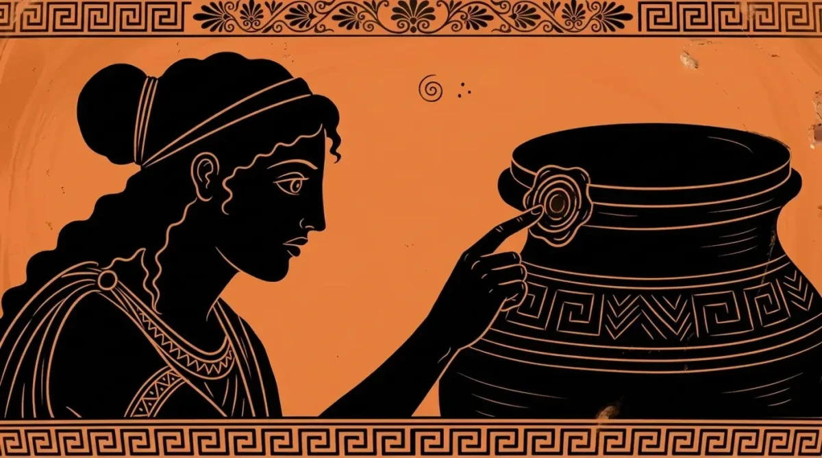 Pandora, büyük toprak küpün üzerindeki mühre parmağıyla dokunuyor.