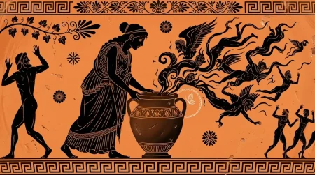 Pandora’nın küpünden kanatlı figürler çıkarken bir kişi kapağın yanında duruyor; çevrede başka figürler görülüyor.