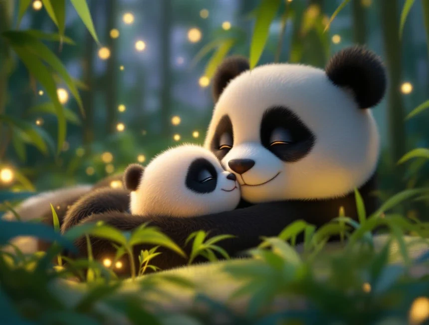 Yavru panda annesinin yanında huzurla uzanıyor