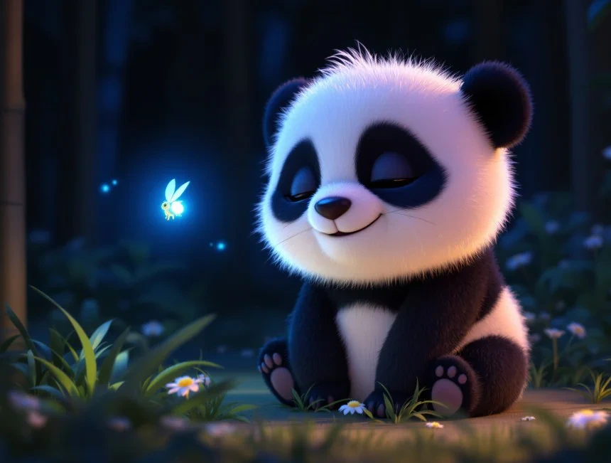 Minik panda Pati, karanlık ormanda parlayan ateş böceğinin yanında