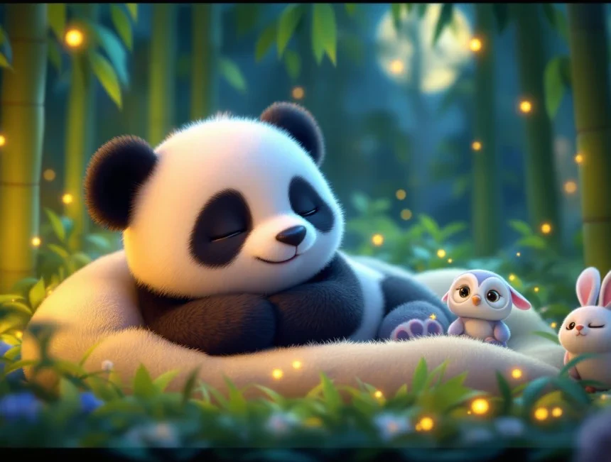 Ormandaki küçük dostlarının yanında gözlerini kapatan panda Pati