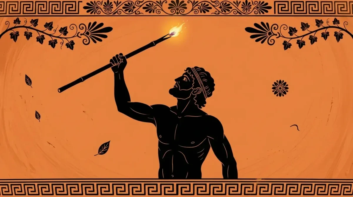 Prometheus, alevli bir kıvılcım taşıyan kamışı yukarı kaldırıyor.