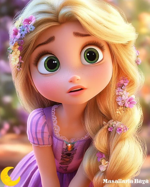 Uzun altın sarısı saçlı Rapunzel, mor elbisesi ve saçlarındaki çiçeklerle görülüyor.