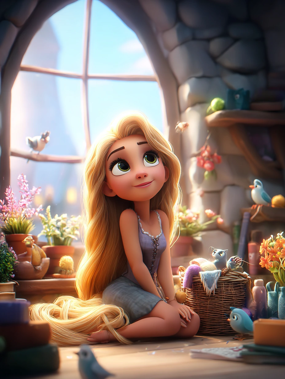 Uzun saçlı Rapunzel, kulede hayvan dostlarıyla birlikte oturuyor