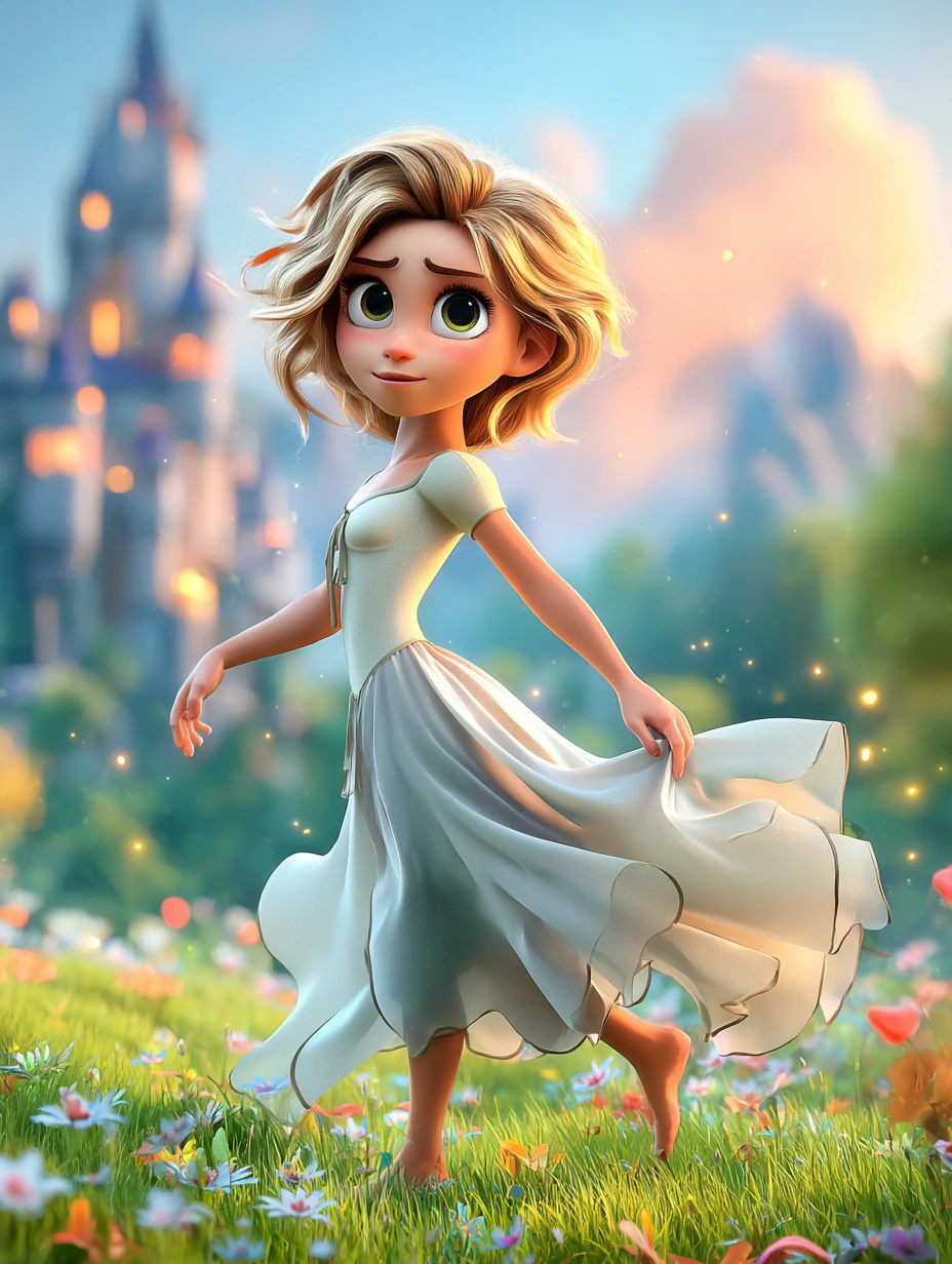 Kısa saçlı Rapunzel, çiçekli bir alanda özgürce yürürken