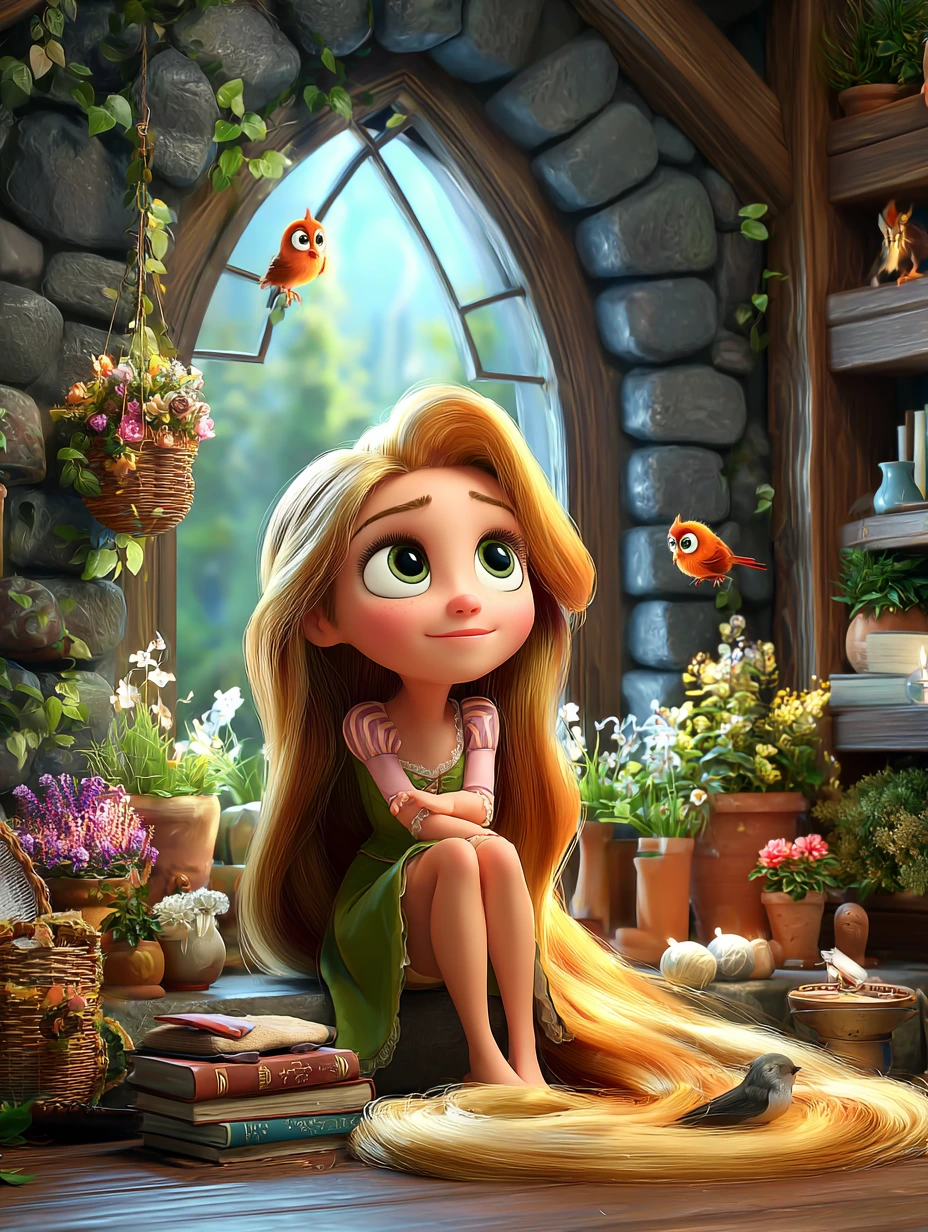 Rapunzel, kuledeki penceresinin önünde dışarıyı hayal ediyor
