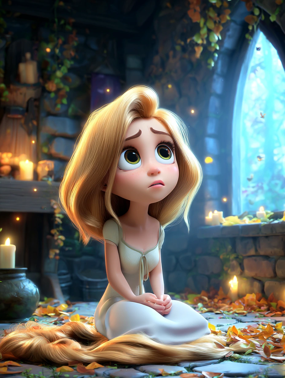 Kısa saçlı Rapunzel, taş kule odasında üzgün halde oturuyor