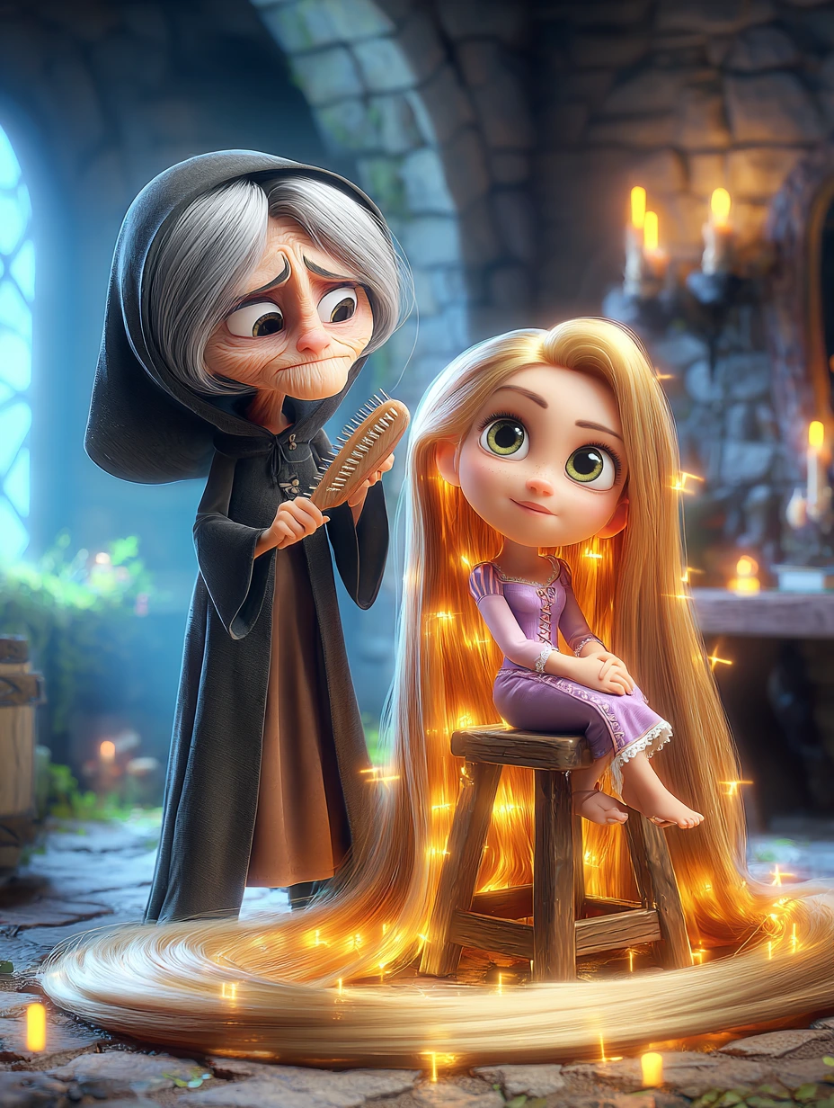 Cadı, kulede oturan Rapunzel’in uzun altın saçlarını tarıyor