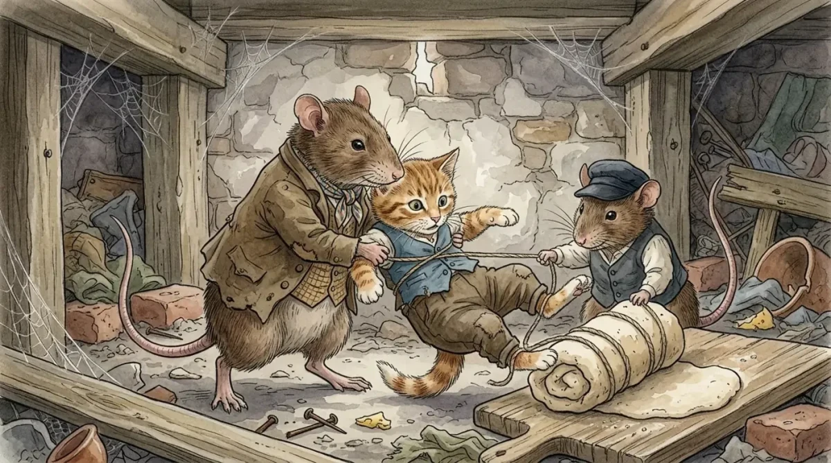Samuel Whiskers ve başka bir fare, bağladıkları yavru kedi Tom’un yanında duruyor.