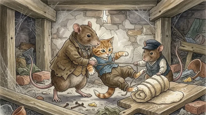 Samuel Whiskers ve başka bir fare, bağladıkları yavru kedi Tom’un yanında duruyor.