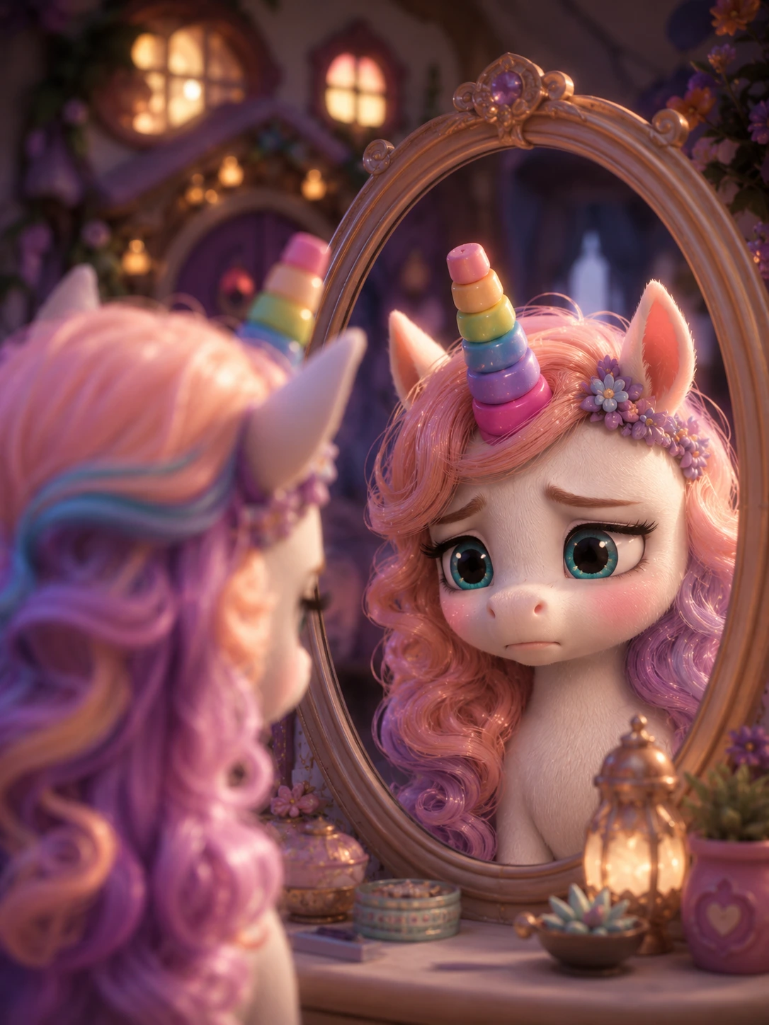 Pembe yeleli unicorn Solina, aynadaki yansımasında renkli spiral boynuzuna bakıyor.