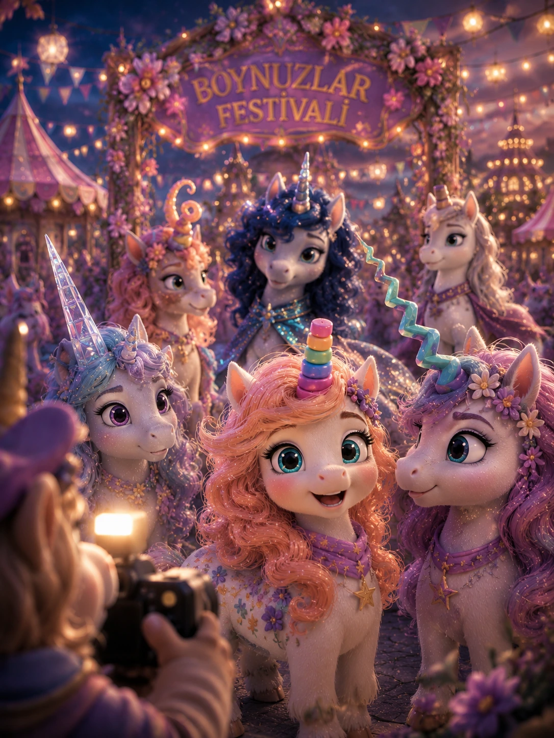 Solina, farklı boynuzlu unicornlarla Boynuzlar Festivali’nde fotoğraf çektirirken gülümsüyor.