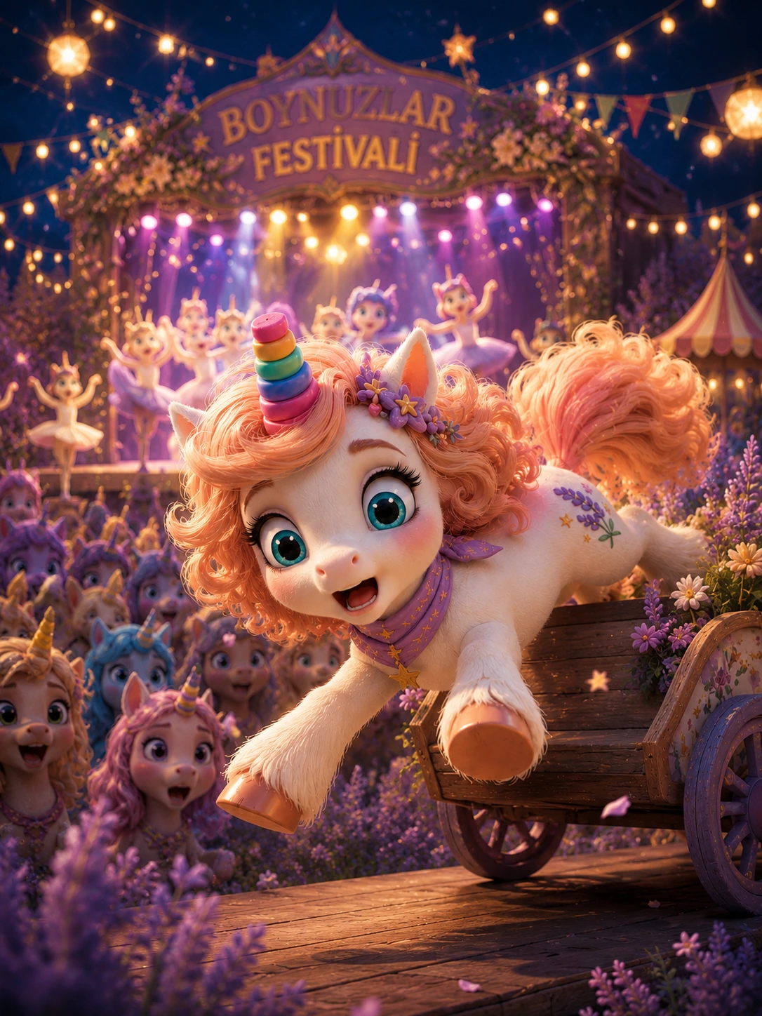 Pembe yeleli Solina, çiçek arabasından kayarak Boynuzlar Festivali meydanına geliyor.