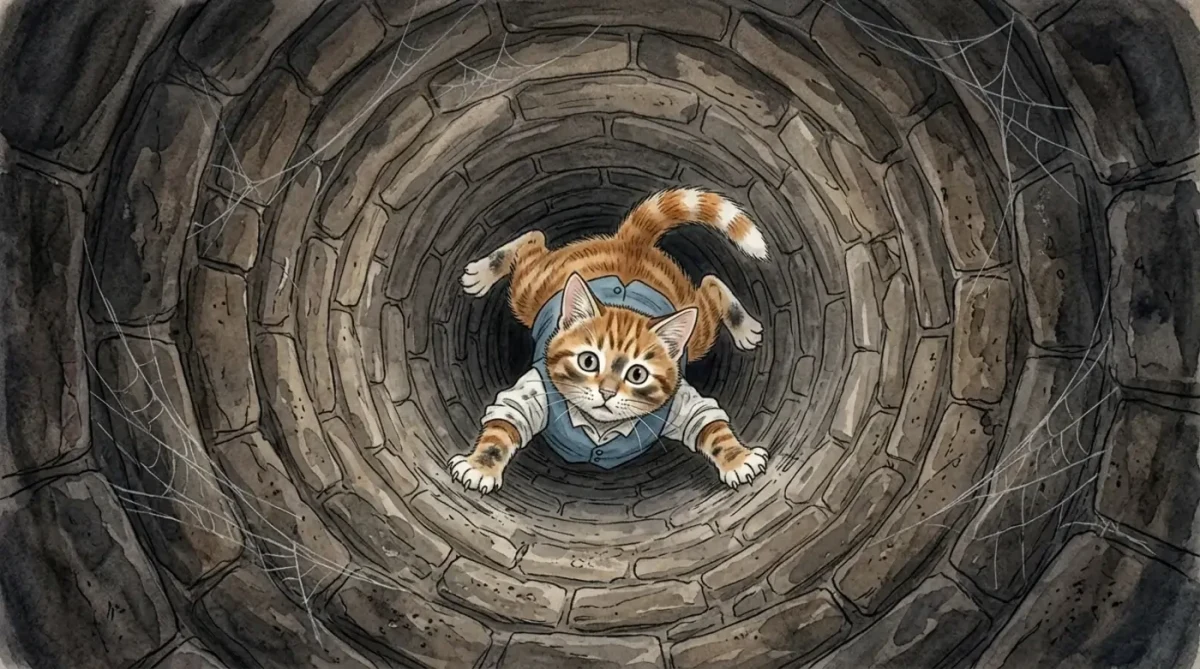 Kedi Tom taş bacanın içinden yukarı tırmanıyor.