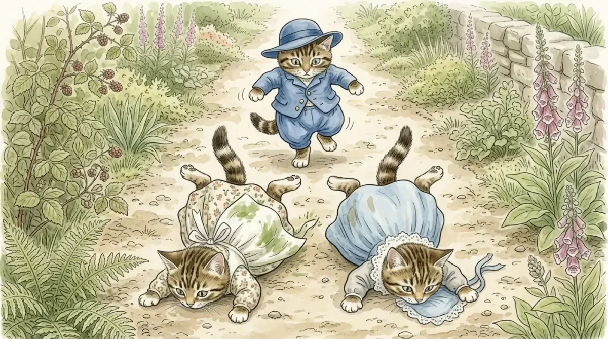 Önlükleriyle bahçe yolunda yere düşen iki yavru kedi, arkalarında duran Tom Kitten’a bakıyor.