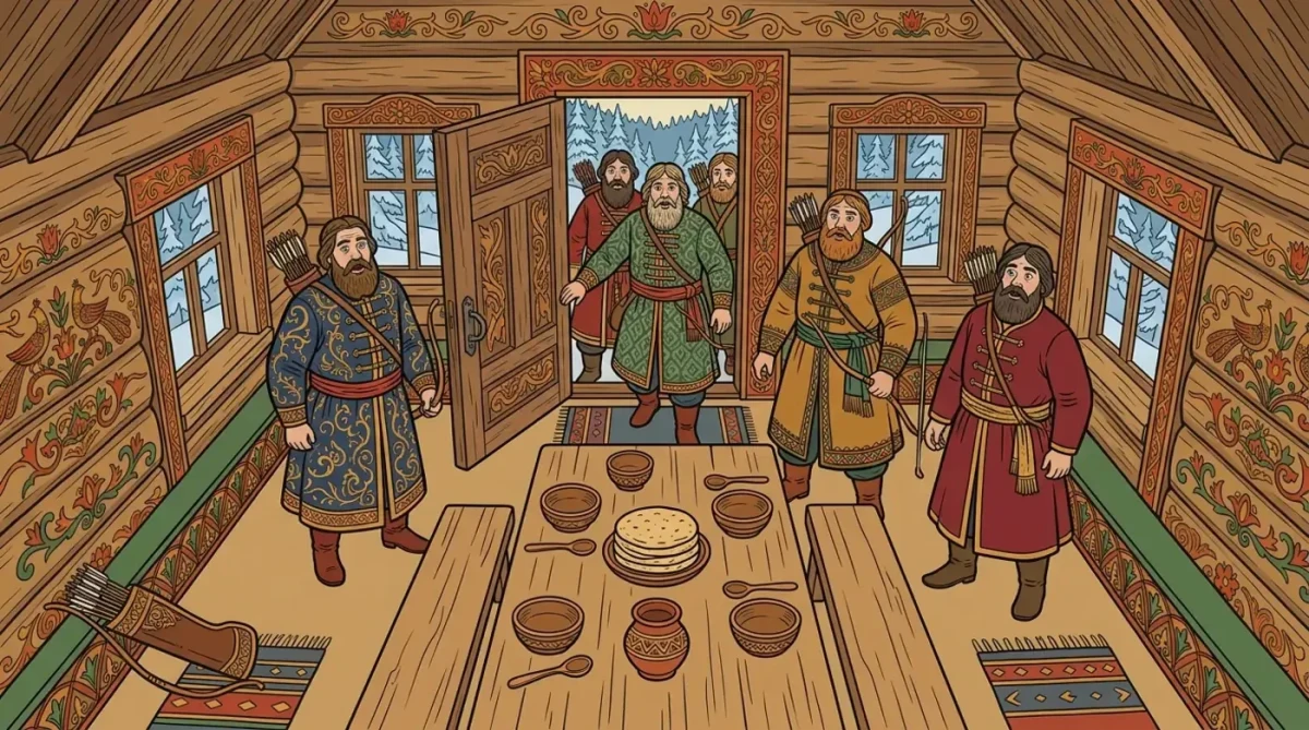 Yedi bogatır, ahşap konaklarının yemek odasına giriyor.