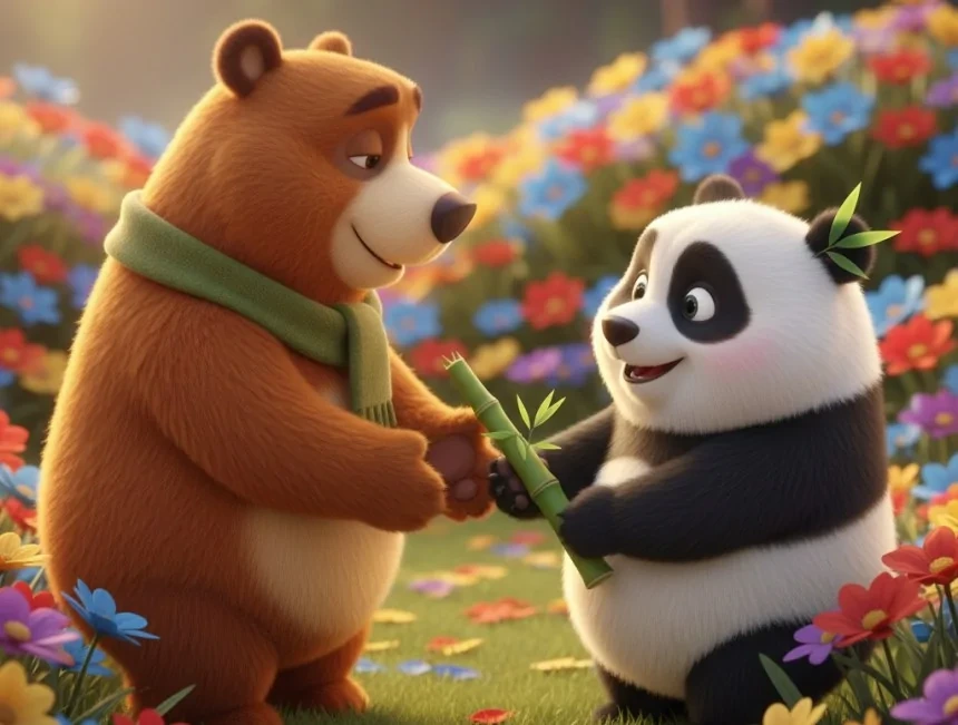 Yogi ve Recep çiçekli ormanda bambu filizini paylaşıyor