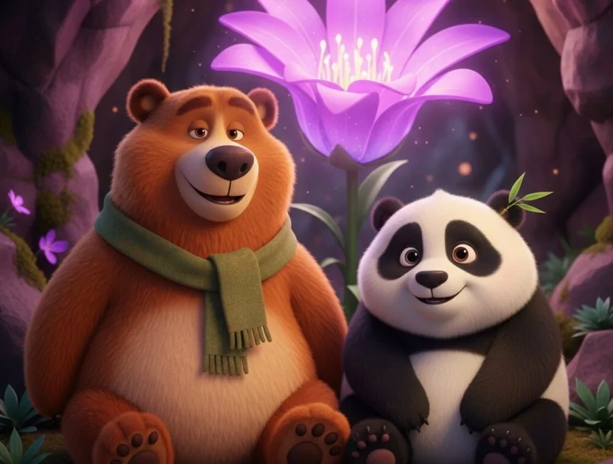 Yogi ve Recep büyük mor Gecenin Gözyaşı çiçeğinin önünde