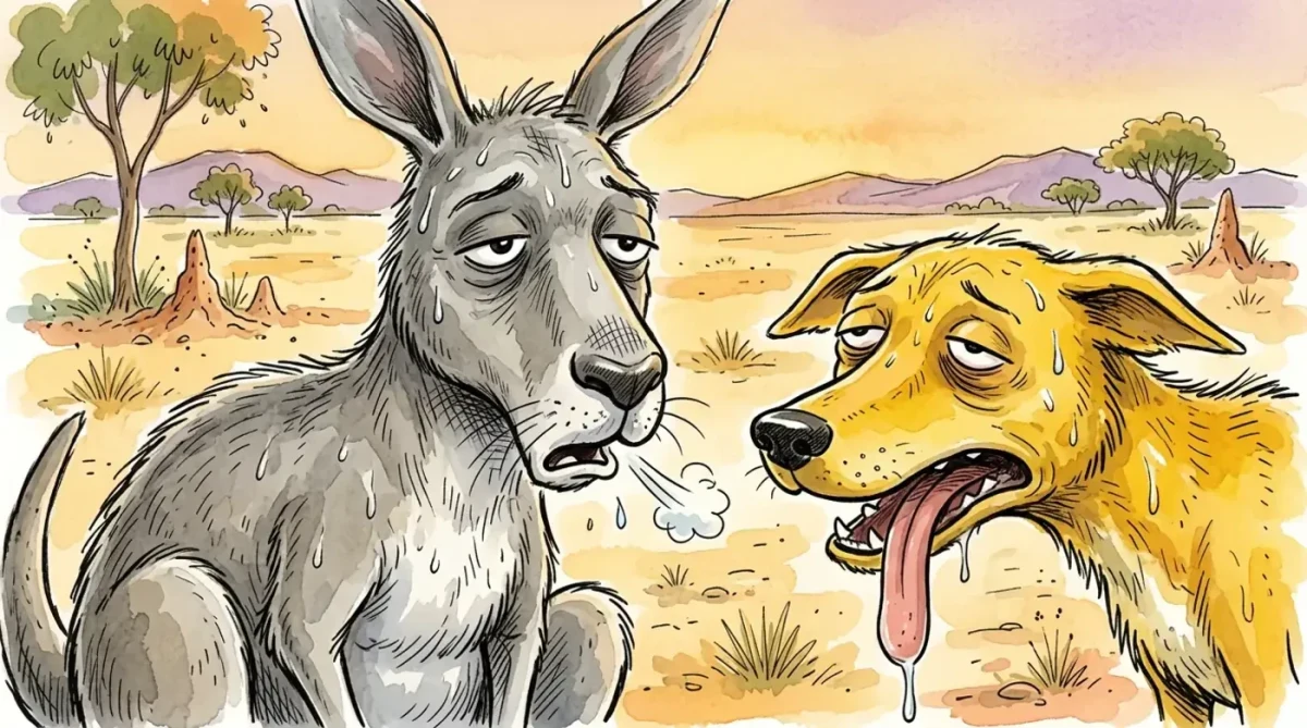 Yorgun kanguru ve Dingo yan yana oturuyor; ikisi de dillerini çıkarmış.